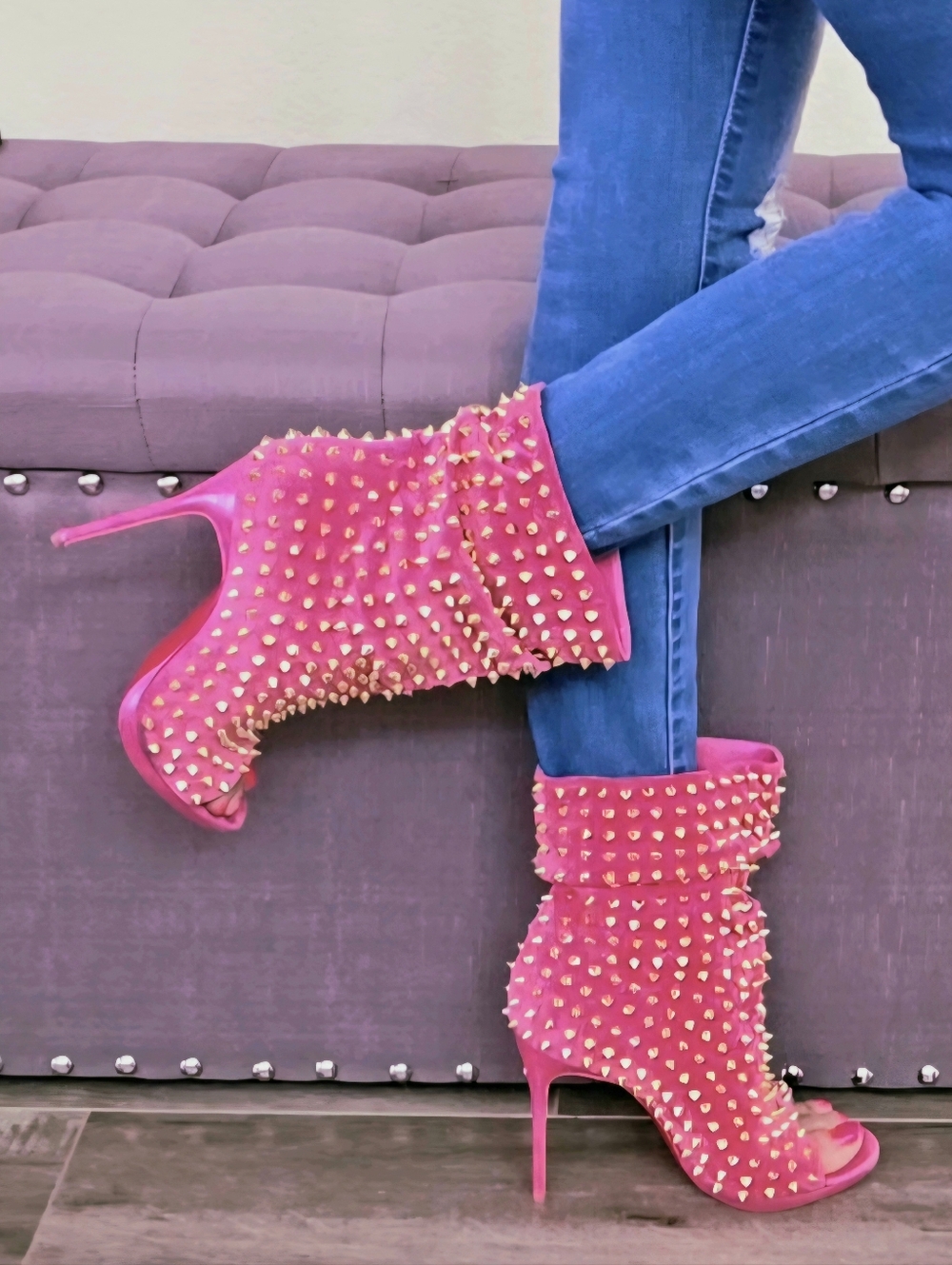 CHRISTIAN LOUBOUTIN Guerilla Pink Suede Gold Spiked Ankle Boots EU 38.5 7.5-8.5